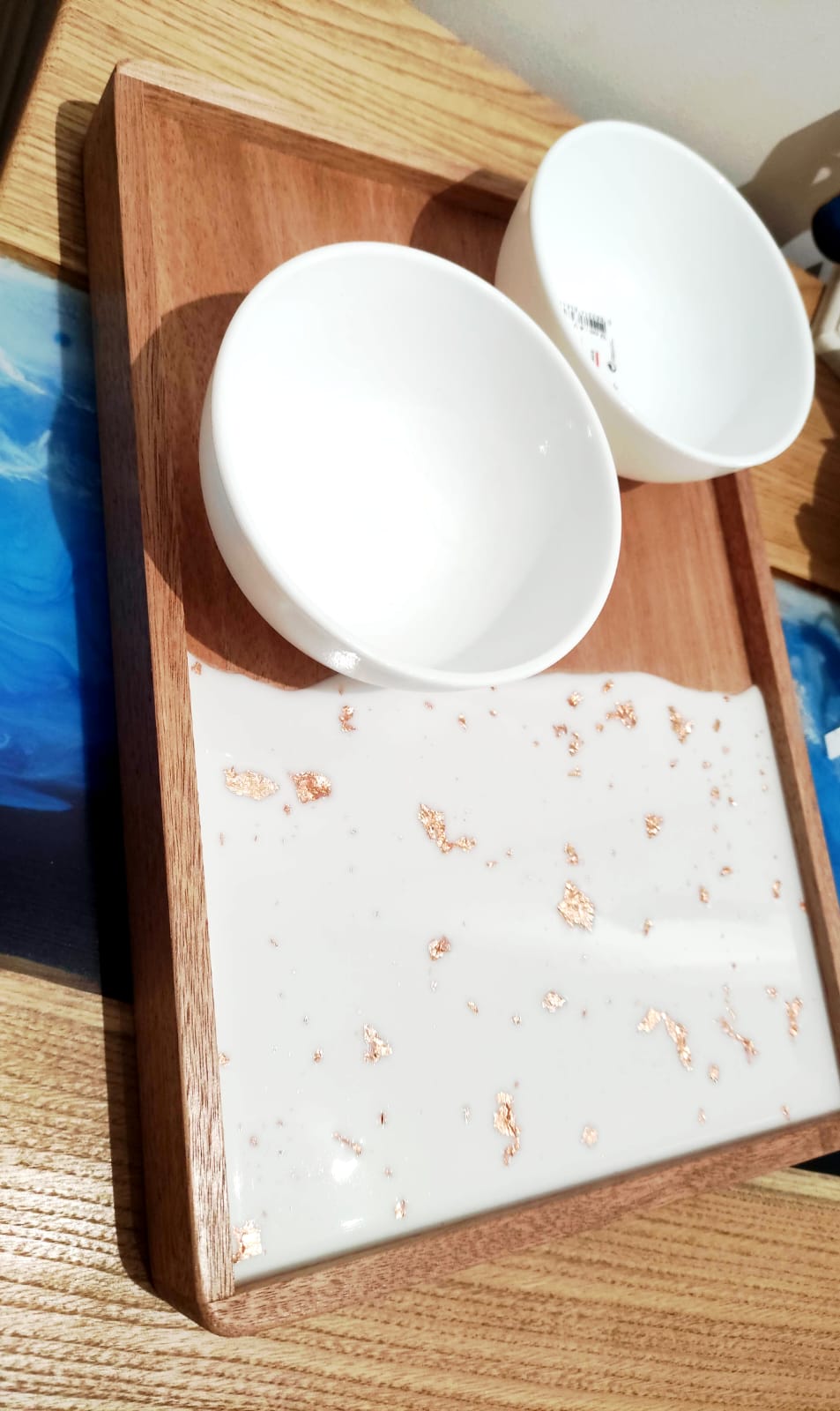 vassoio in legno, decorazione in resina, bianco, foglie rame, wooden try, resin, resina, aperitivo, colazione