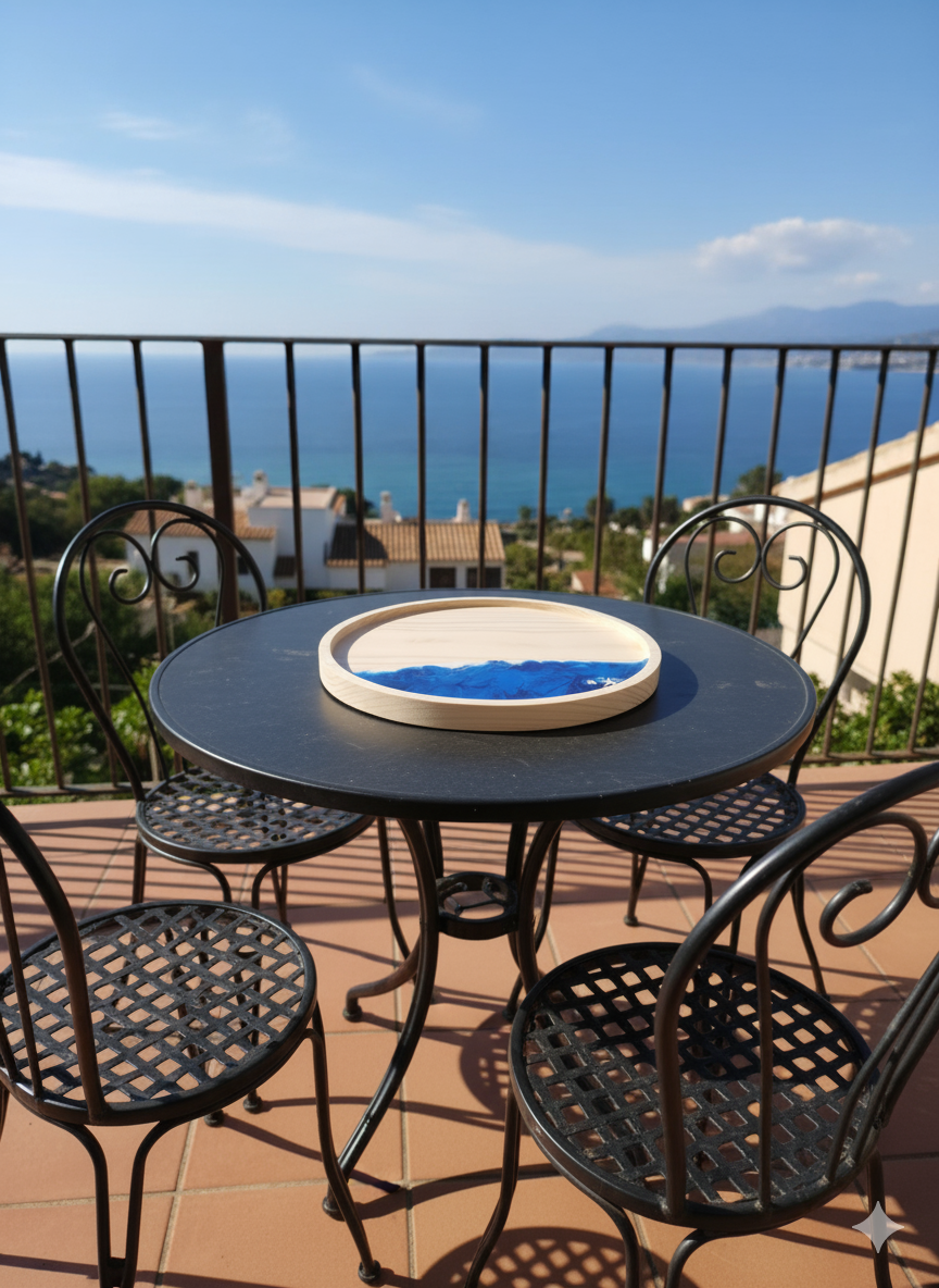 vassoio in legno, decorazione mare, sfumature blu, azzurro, bianco, onde, wooden tray, resin, resina, conchiglie, mare, vassoio, aperitivo, colazione