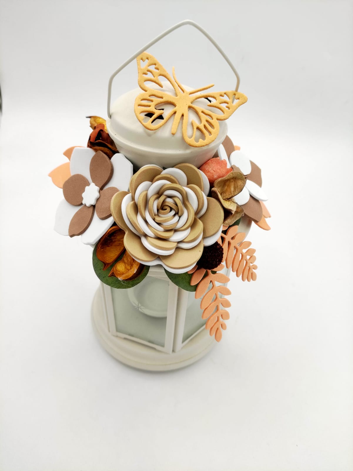 Lanterna, floreale, lanterna floreale, bianca, fiori eterni, fiori, gomma eva, decorazione, festa della mamma, festa, mamma, regalo