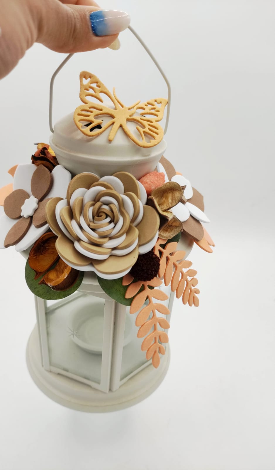 Lanterna, floreale, lanterna floreale, bianca, fiori eterni, fiori, gomma eva, decorazione, festa della mamma, festa, mamma, regalo