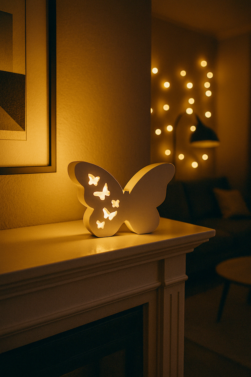 Decorazione a forma di farfalla bianca con intagli di piccole farfalle, possibilità di aggiungere luci led dietro, ideale per arredamento casa o cameretta