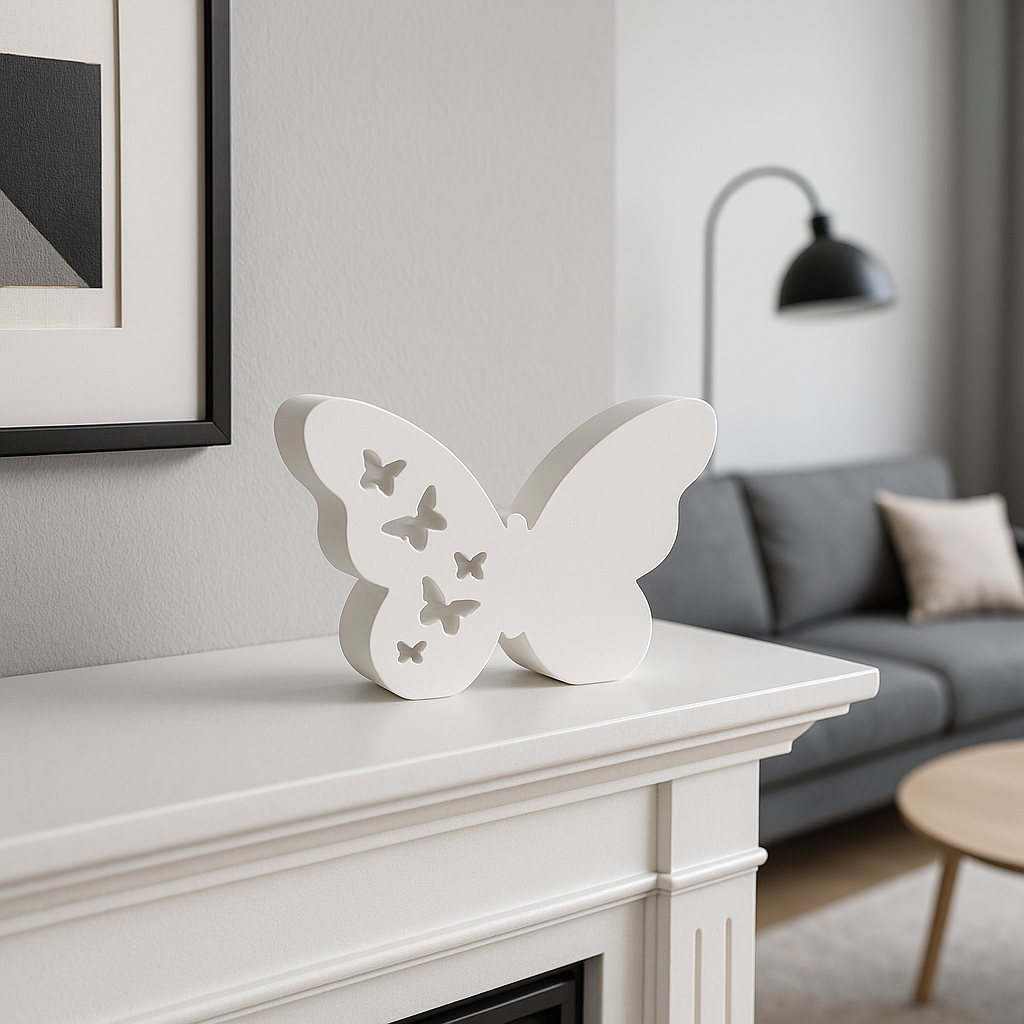 Decorazione a forma di farfalla bianca con intagli di piccole farfalle, possibilità di aggiungere luci led dietro, ideale per arredamento casa o cameretta