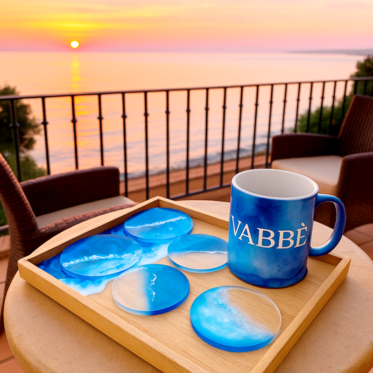 vassoio in legno, decorazione in resina, mare, blu, azzurro, bianco, onde, wooden try, resin, resina, aperitivo, colazione, tisana
