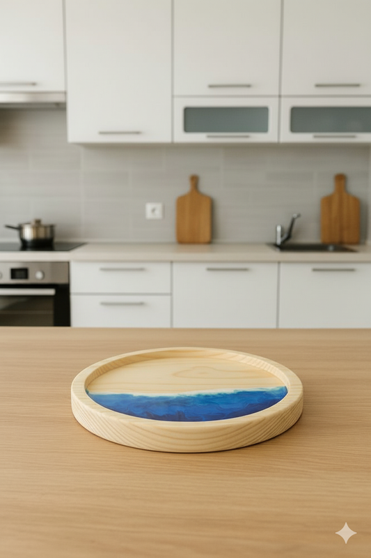 vassoietto in legno, decorazione mare, sfumature blu, azzurro, bianco, onde, wooden tray, resin, resina, mare, vassoio, aperitivo, colazione