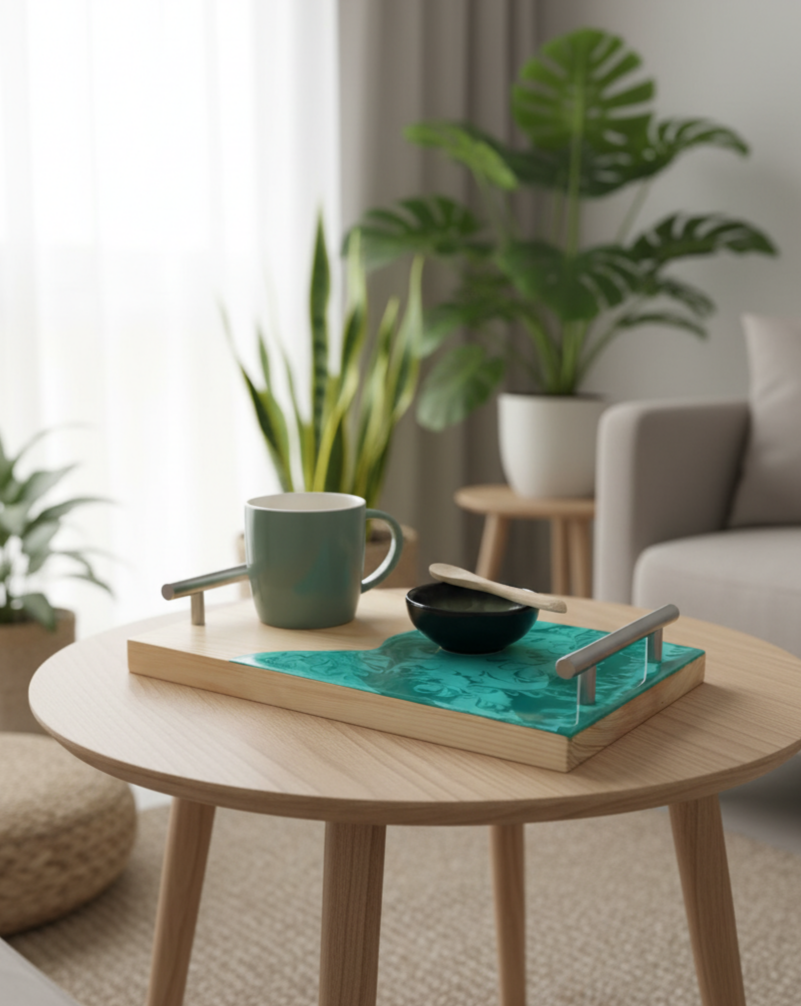 Vassoio legno e resina per colazione, decorazione a tema natura, pratiche maniglie, con una tazza e ciotolina abbinata, wood cutting board, aperitivo, natura, regalo
