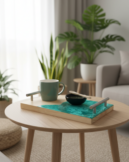 Vassoio legno e resina per colazione, decorazione a tema natura, pratiche maniglie, con una tazza e ciotolina abbinata, wood cutting board, aperitivo, natura, regalo