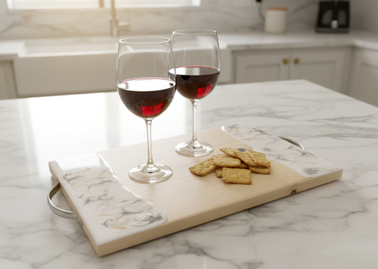 Vassoio legno e resina per colazione, aperitivo, decorazione a tema marmo, pratiche maniglie, covelano, wood cutting board, aperitivo, regalo