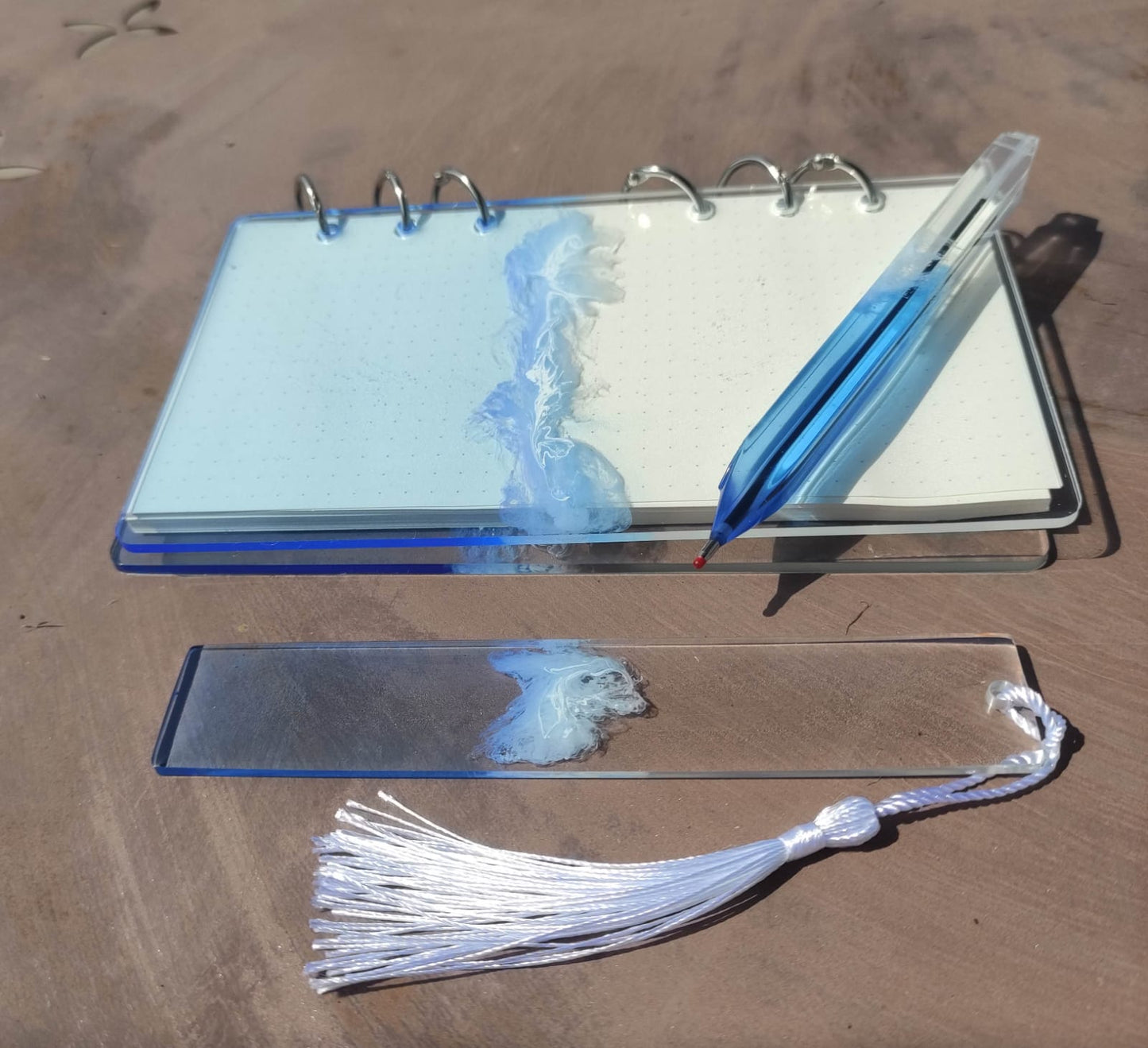 taccuino A6, segnalibro, biro, mare, onda, azzurro, scrivere e leggere, resina, resin