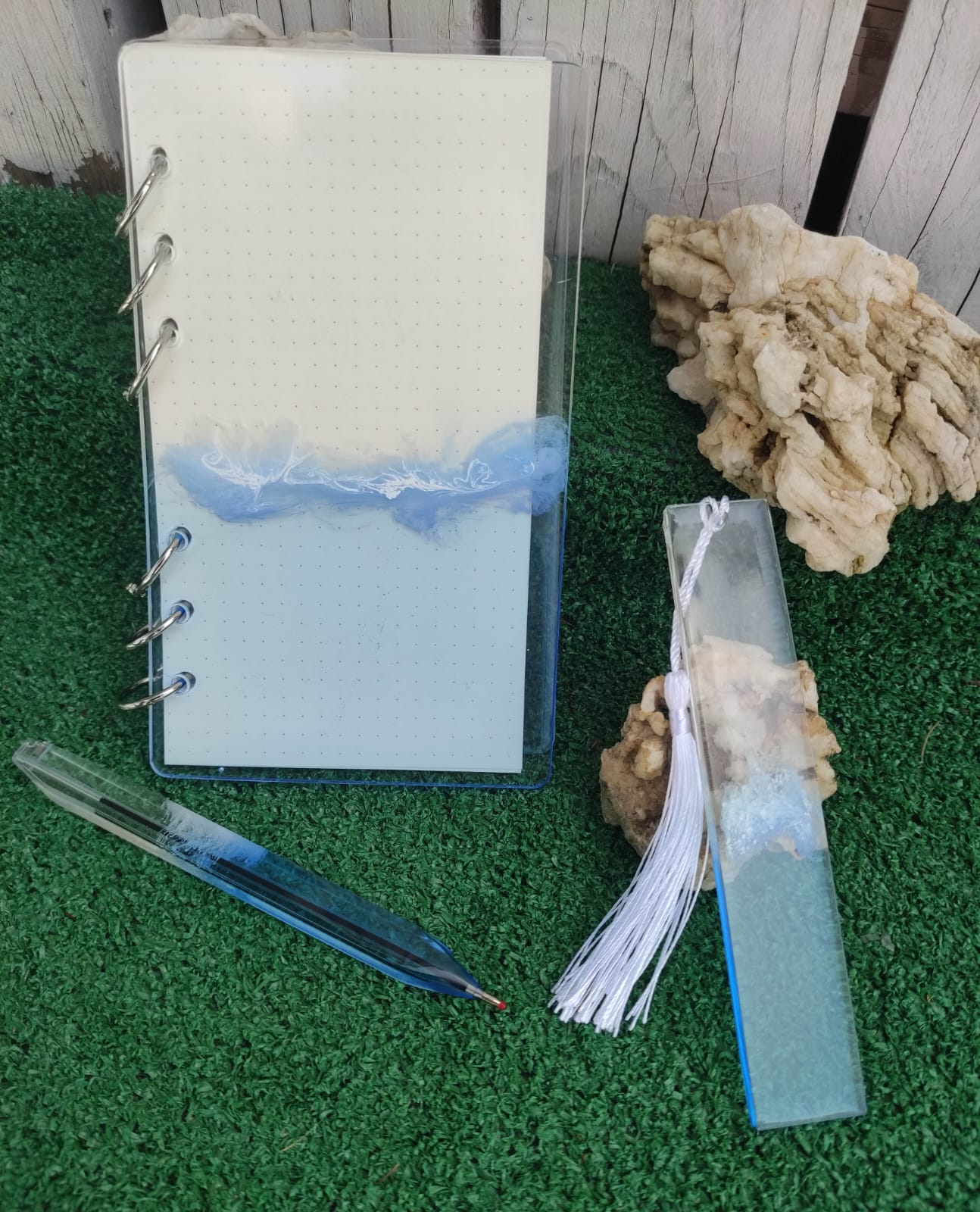 taccuino A6, segnalibro, biro, mare, onda, azzurro, scrivere e leggere, resina, resin