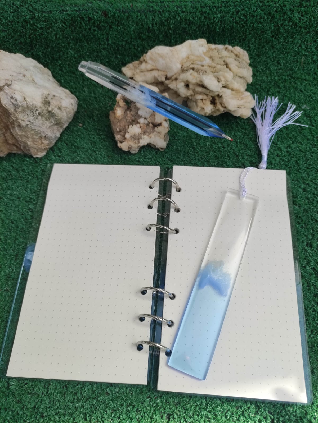 taccuino A6, segnalibro, biro, mare, onda, azzurro, scrivere e leggere, resina, resin