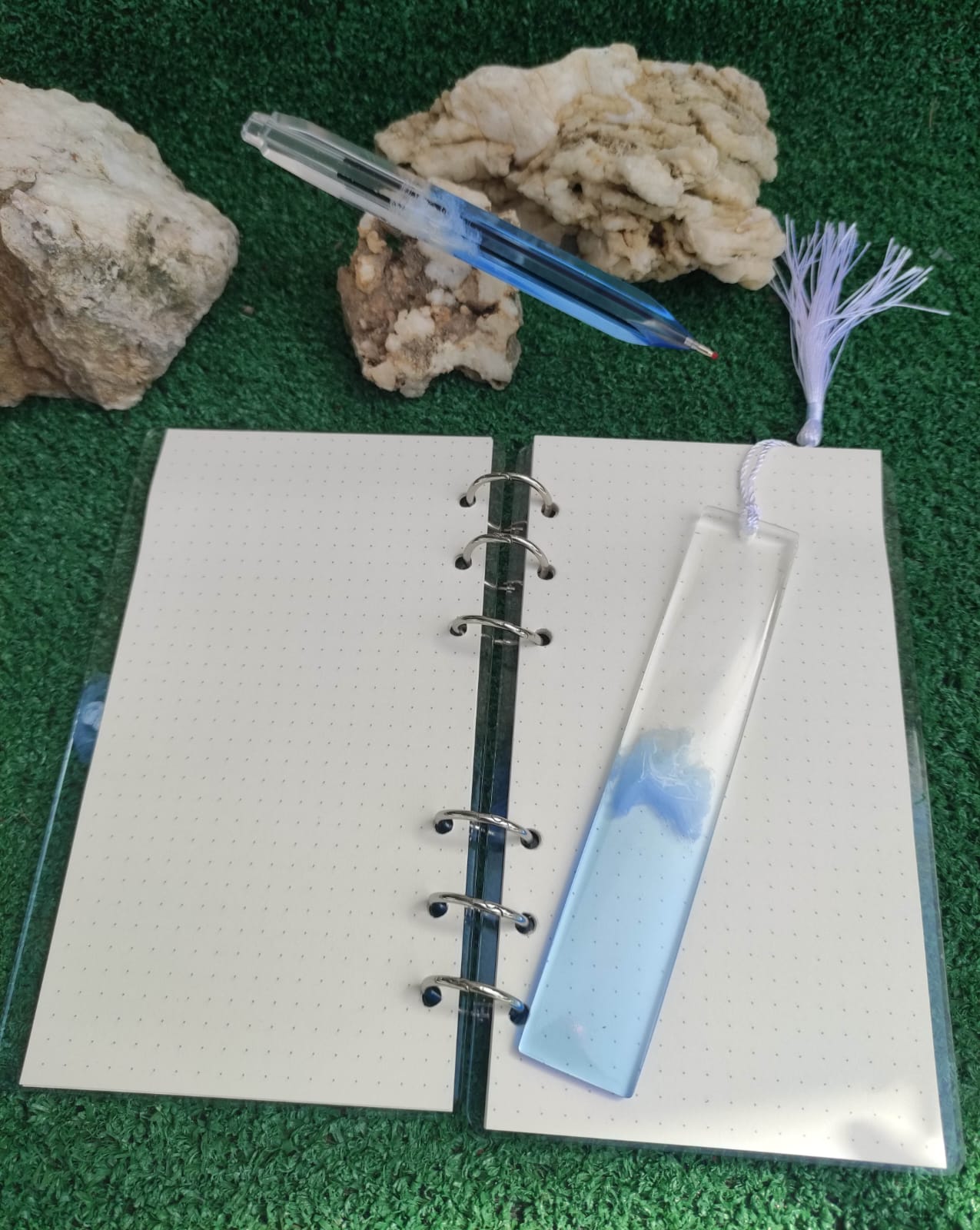 taccuino A6, segnalibro, biro, mare, onda, azzurro, scrivere e leggere, resina, resin