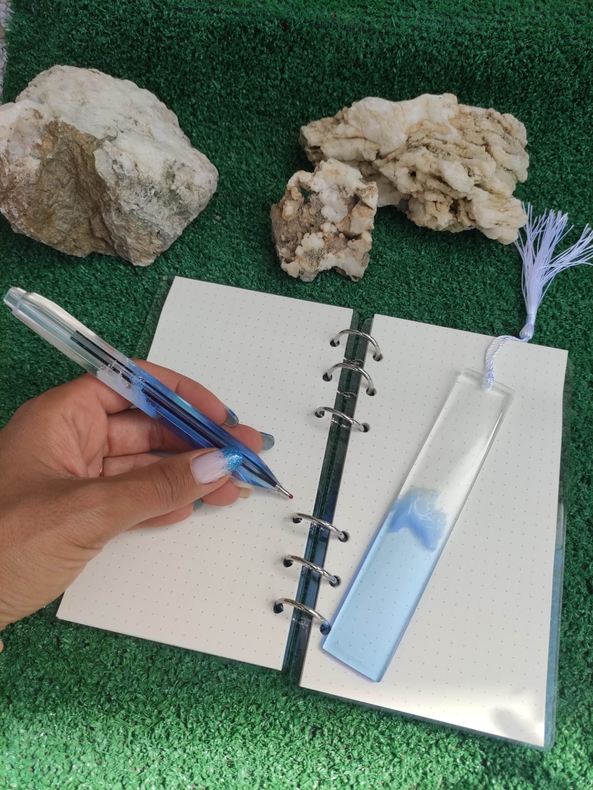 taccuino A6, segnalibro, biro, mare, onda, azzurro, scrivere e leggere, resina, resin