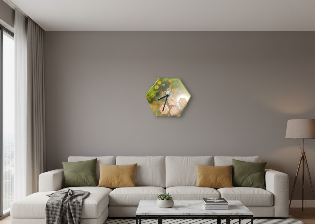 Orologio in resina epossidica, sfumature gialle, con alveari in legno, fiori secchi, resina, resin, orologio, regalo