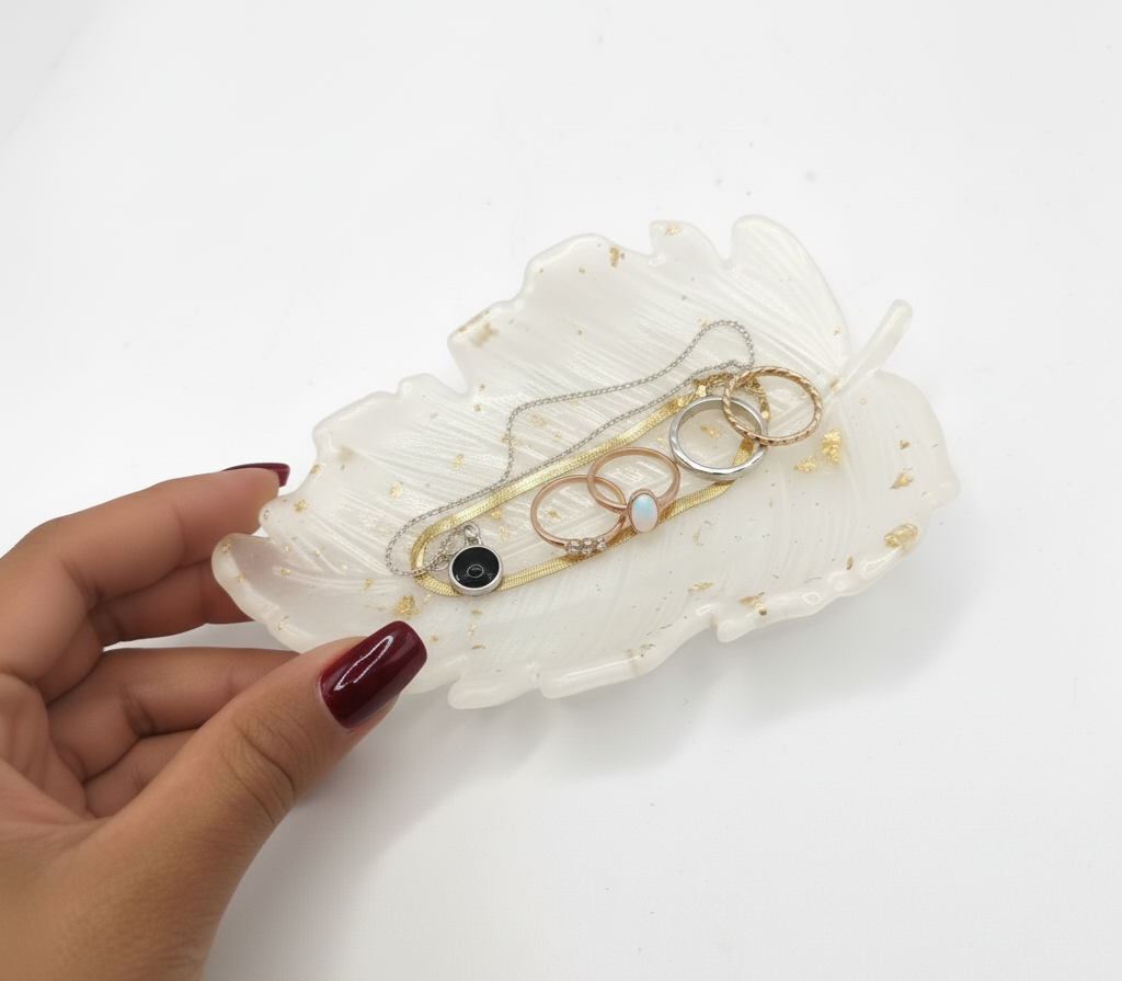 svuotatasche foglia, bianco, bianco perlato, foglie oro, portagioielli