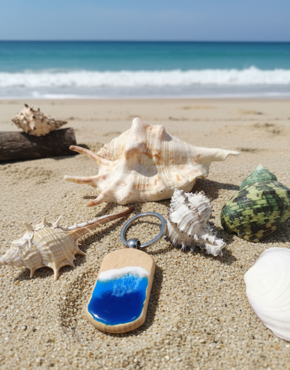 portachiavi, legno, resina, resin, mare, sea, sfumature, blu, bianco, azzurro, keychain