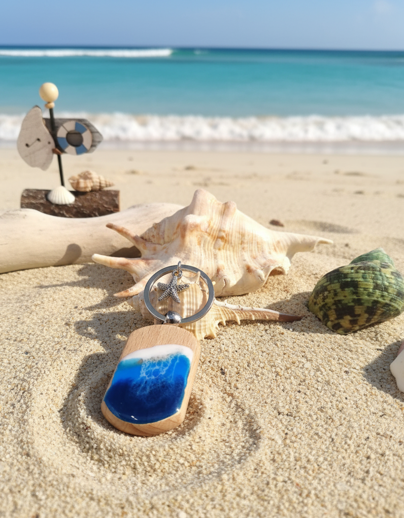 portachiavi, legno, resina, resin, mare, sea, sfumature, blu, bianco, azzurro, keychain