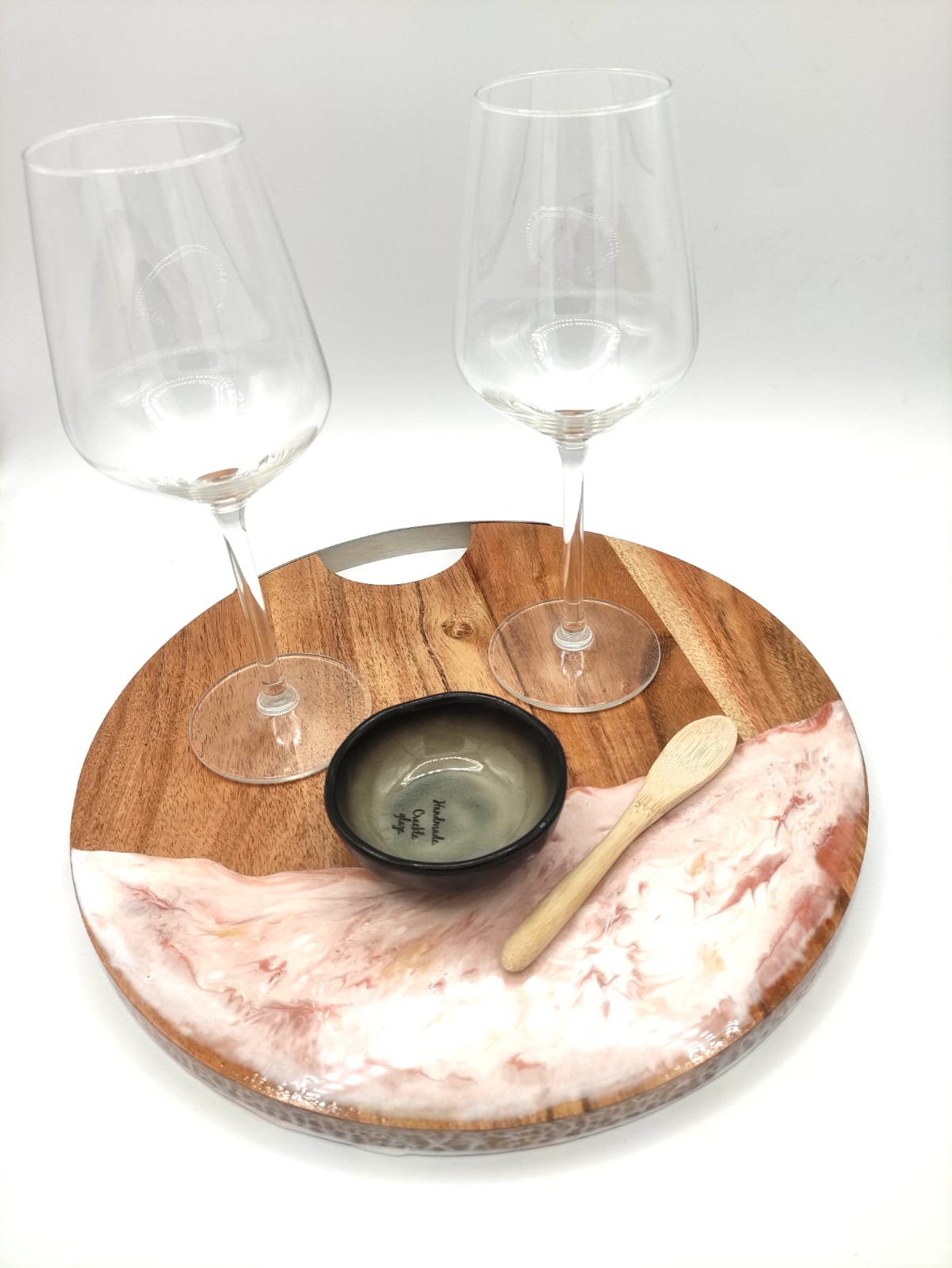 Vassoio rotondo legno di acacia e resina, decorazione vino, wood cutting board, wine resin