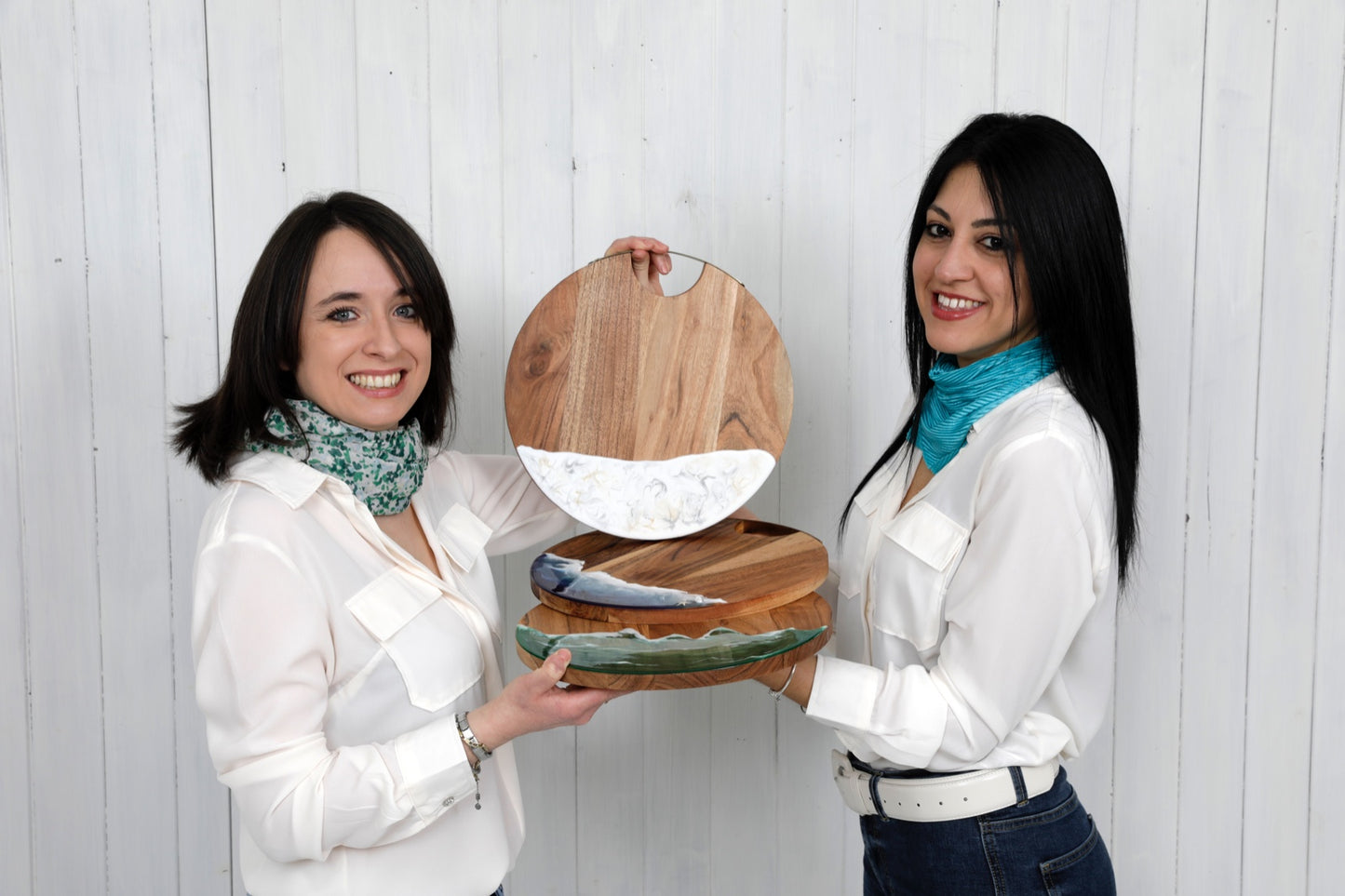 Vassoio rotondo legno di acacia e resina, decorazione a tema marmo, wood cutting board