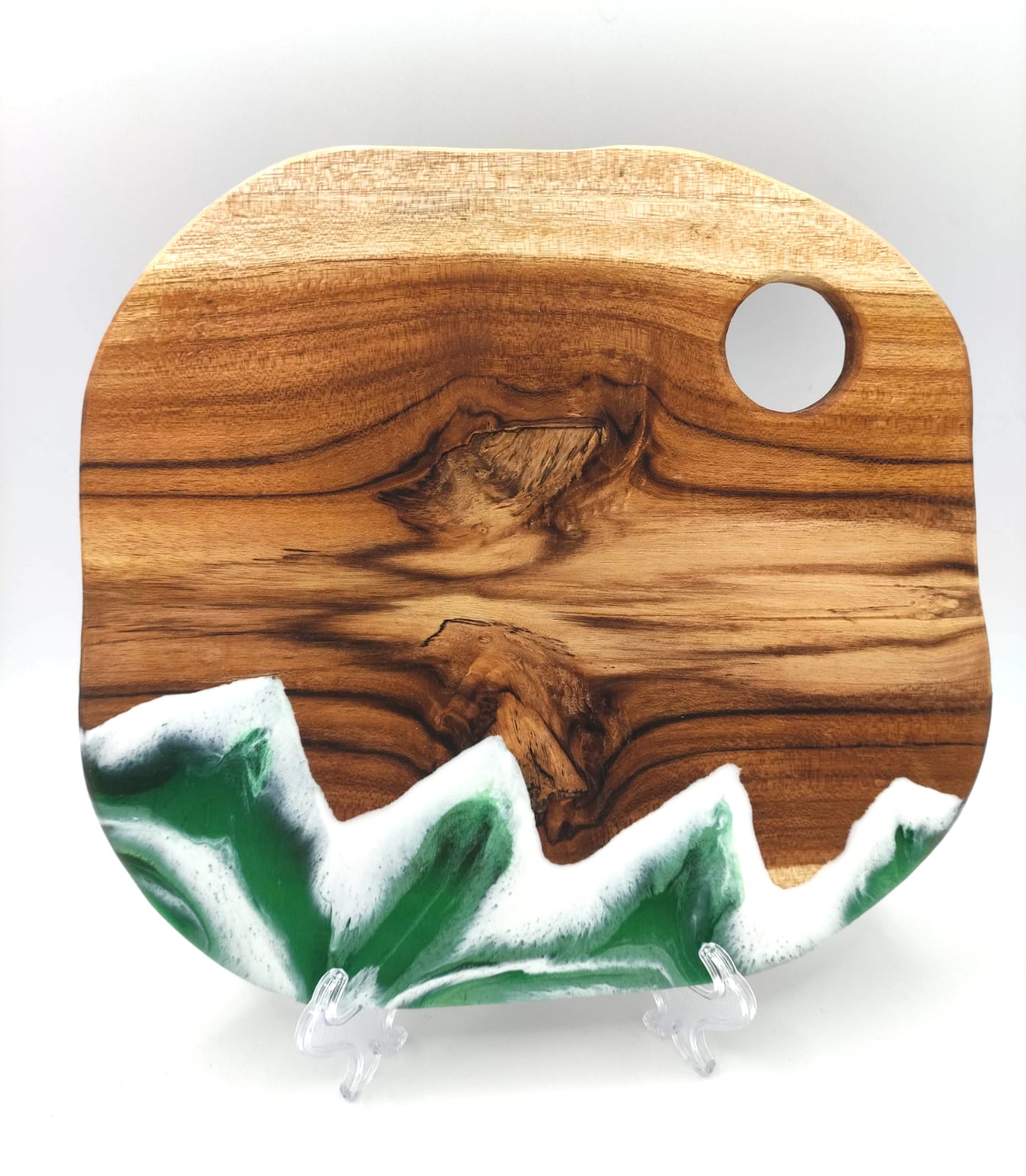 Vassoio in legno e resina, decorazione montagna, sfumature verde, bianco, wooden tray, mountain resin, resina