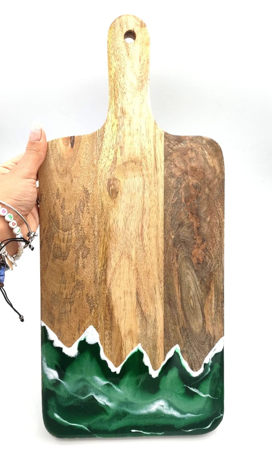 Tagliere legno resina, decorazione montagna, con bicchieri personalizzati, wood cutting board, mountain resin