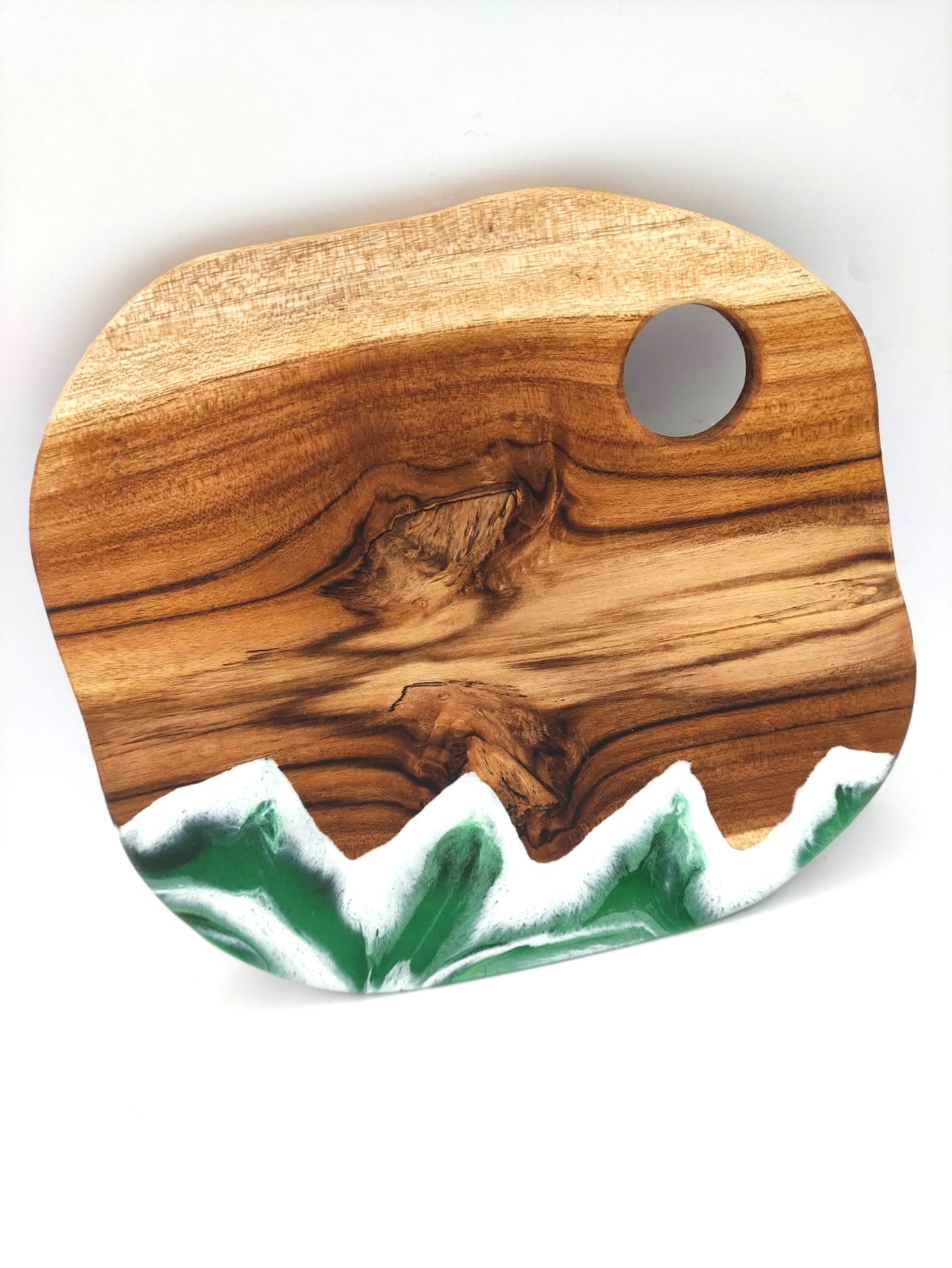 Vassoio in legno e resina, decorazione montagna, sfumature verde, bianco, wooden tray, mountain resin, resina