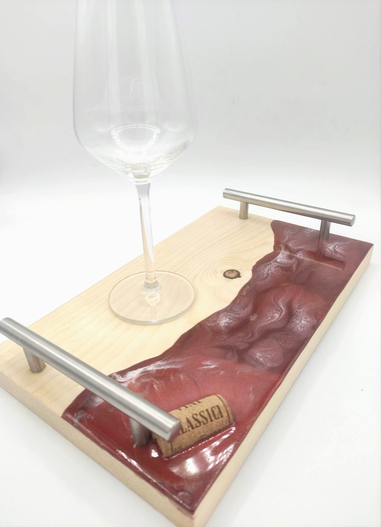 Vassoio legno e resina per colazione, aperitivo, decorazione a tema vino, pratiche maniglie, langhe, wood cutting board