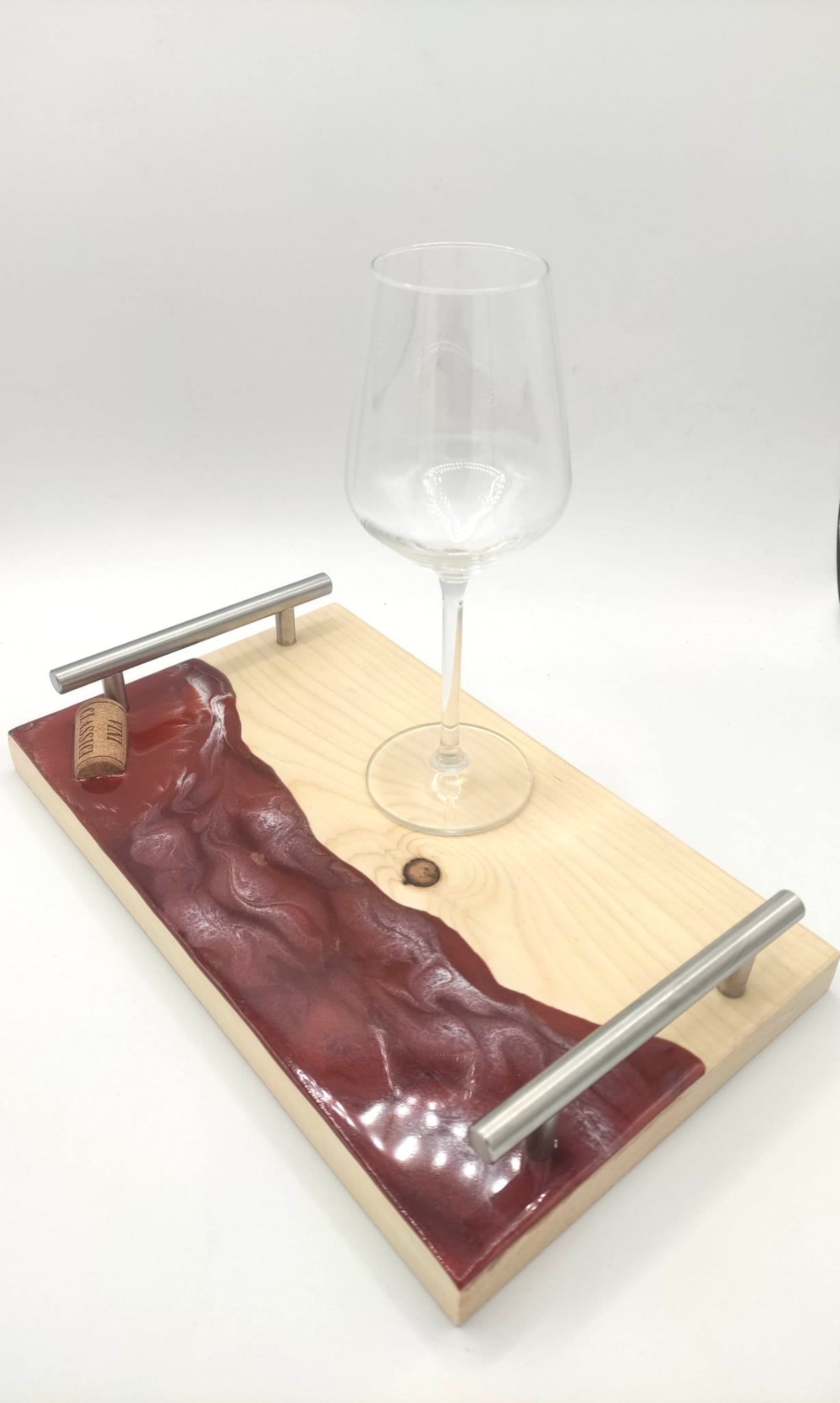 Vassoio legno e resina per colazione, aperitivo, decorazione a tema vino, pratiche maniglie, langhe, wood cutting board