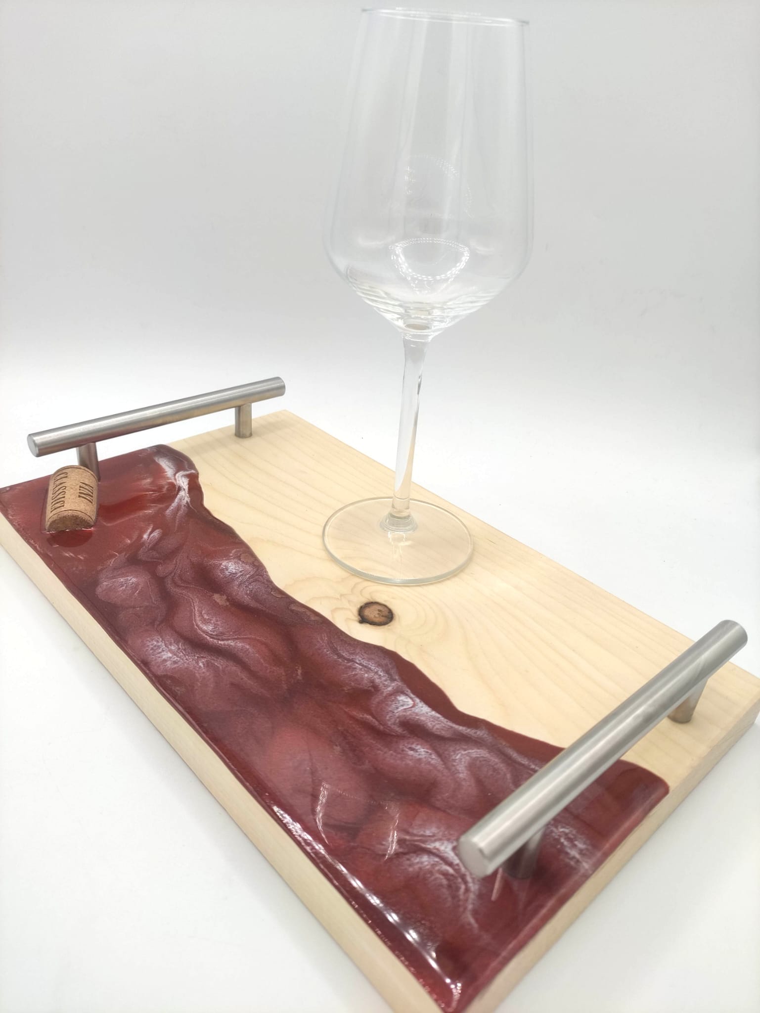 Vassoio legno e resina per colazione, aperitivo, decorazione a tema vino, pratiche maniglie, langhe, wood cutting board