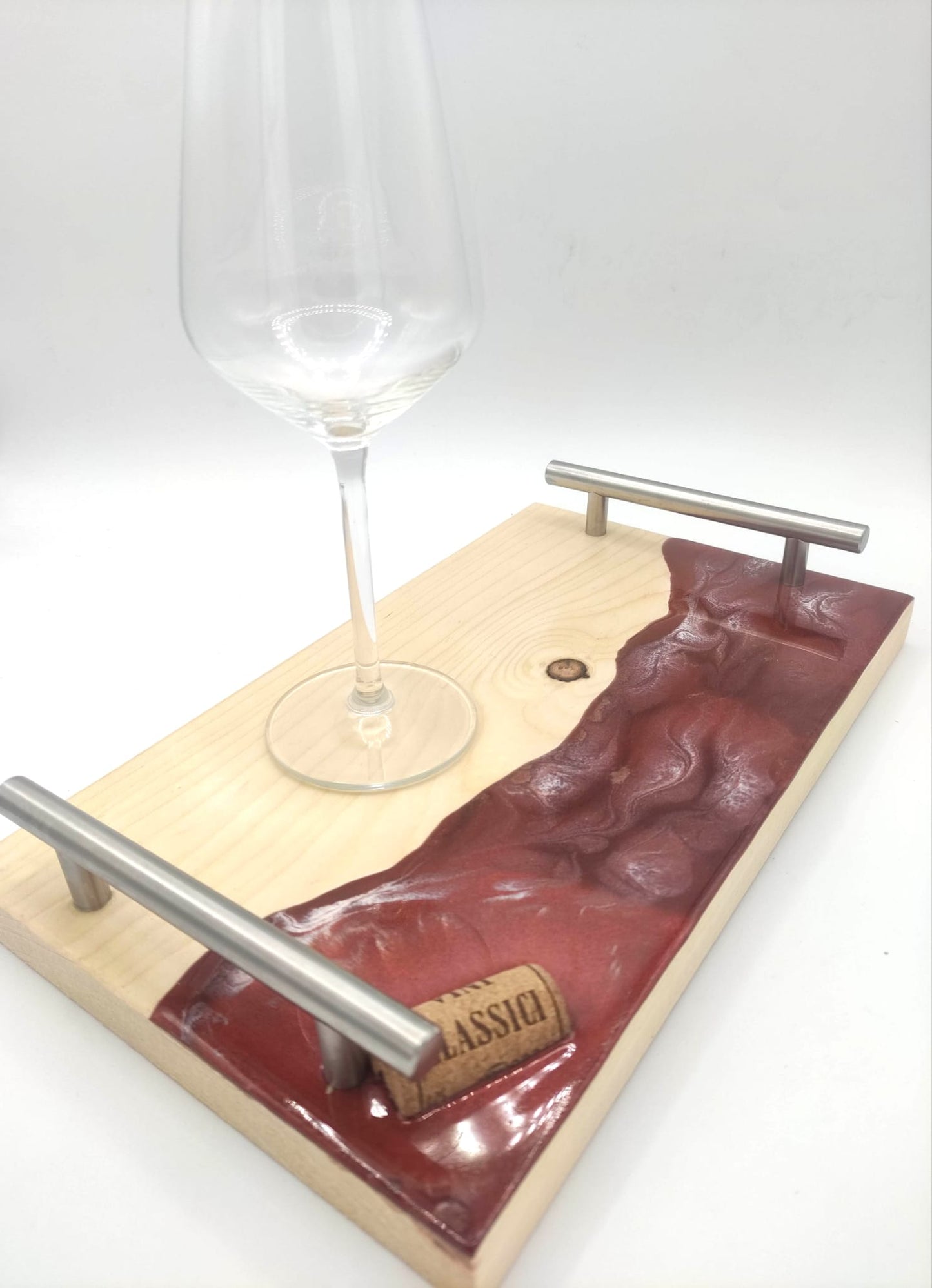 Vassoio legno e resina per colazione, aperitivo, decorazione a tema vino, pratiche maniglie, langhe, wood cutting board