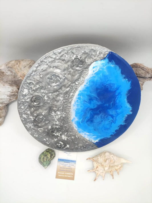 Complemento d’arredo, luna, resina, gesso, resin, decorazione mare, blu, azzurro, bianco, onde, grigio, moon