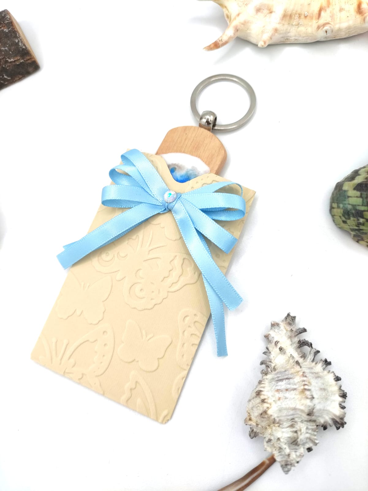 portachiavi, legno, resina, resin, mare, sea, sfumature, blu, bianco, azzurro, keychain