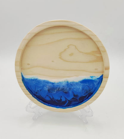 vassoietto in legno, decorazione mare, sfumature blu, azzurro, bianco, onde, wooden tray, resin, resina