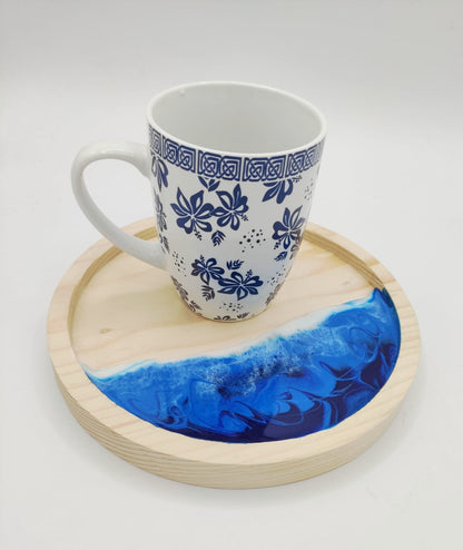 vassoietto in legno, decorazione mare, sfumature blu, azzurro, bianco, onde, wooden tray, resin, resina