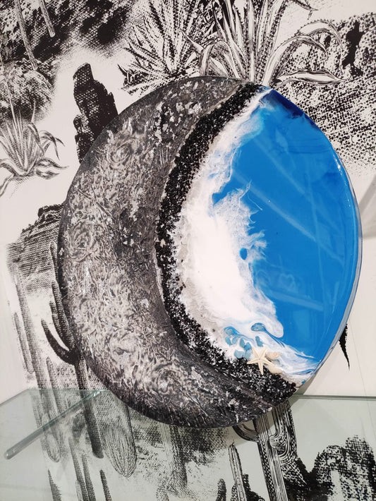 luna, marea, alta marea, gesso, legno, mare, resina, resina epossidica, azzurro, blu, bianco, onde, arredo, casa, complemento d'arredo, grigio, bianco, sfumature, regalo