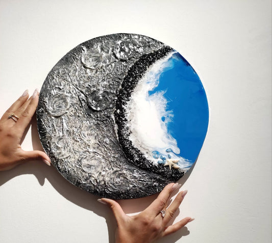 luna, marea, alta marea, gesso, legno, mare, resina, resina epossidica, azzurro, blu, bianco, onde, arredo, casa, complemento d'arredo, grigio, bianco, sfumature, regalo