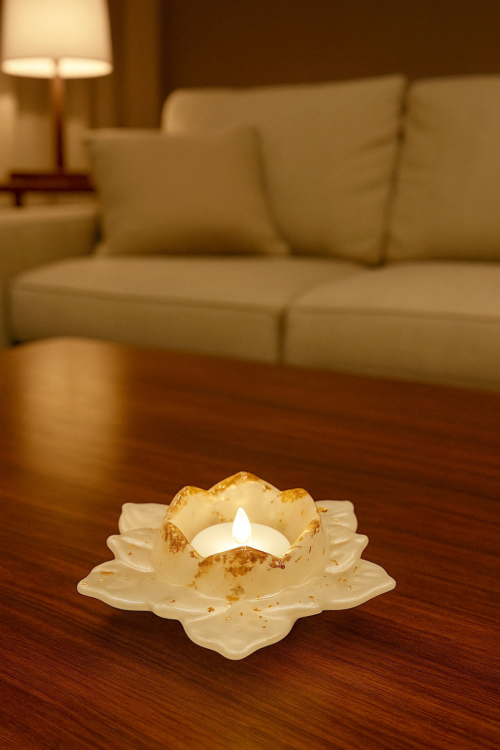 portacandela, madre perla, fiore di loto, bianco perlato, foglia oro, candela led, relax, candle holder